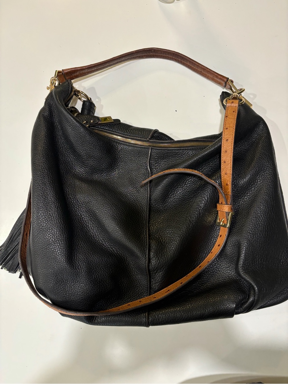 G.I.L.I. Black Leather Shoulder Bag with Brown Straps